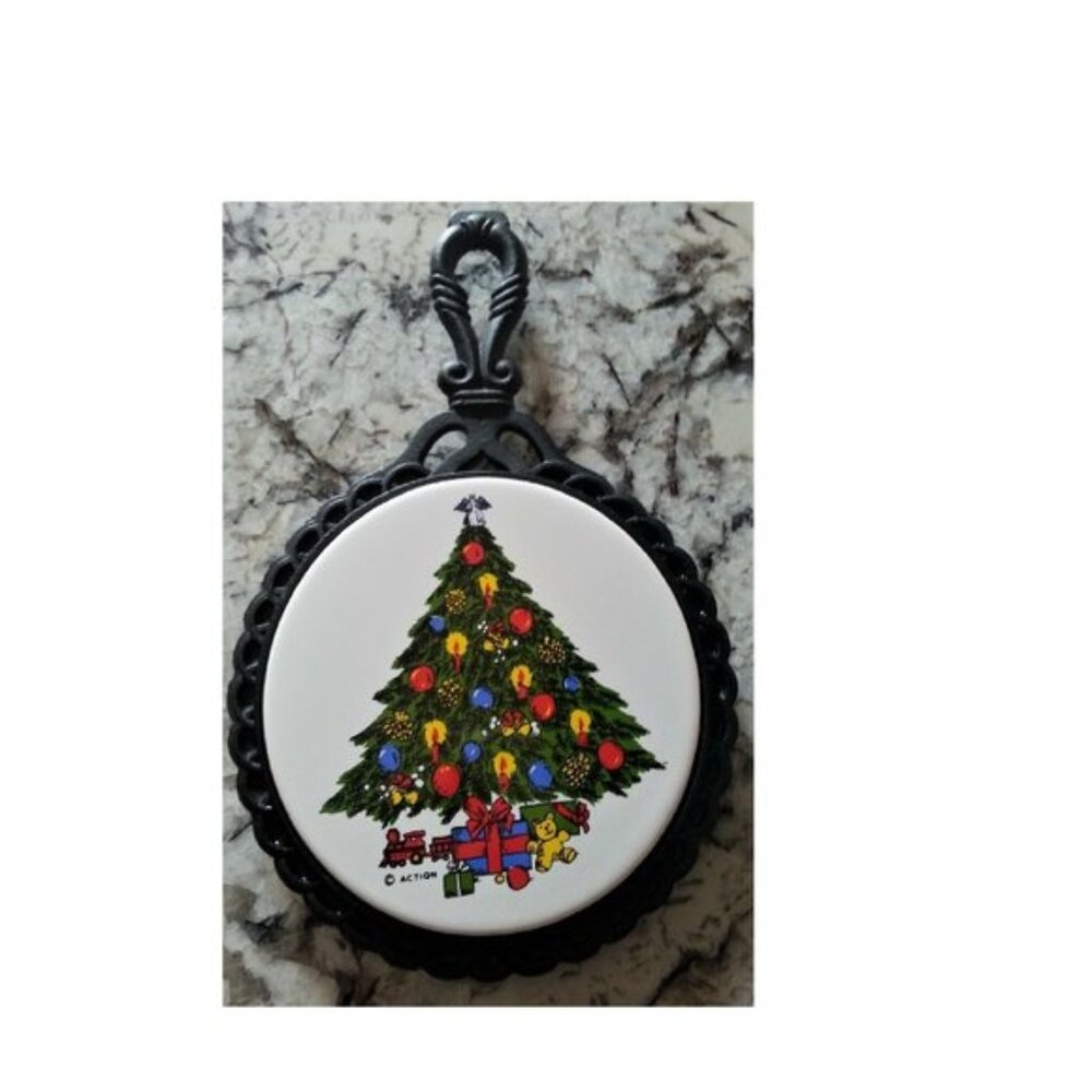 Vintage Cast Iron Christmas Tree & Tile Trivet Hot Pad Footed 11 1/4"